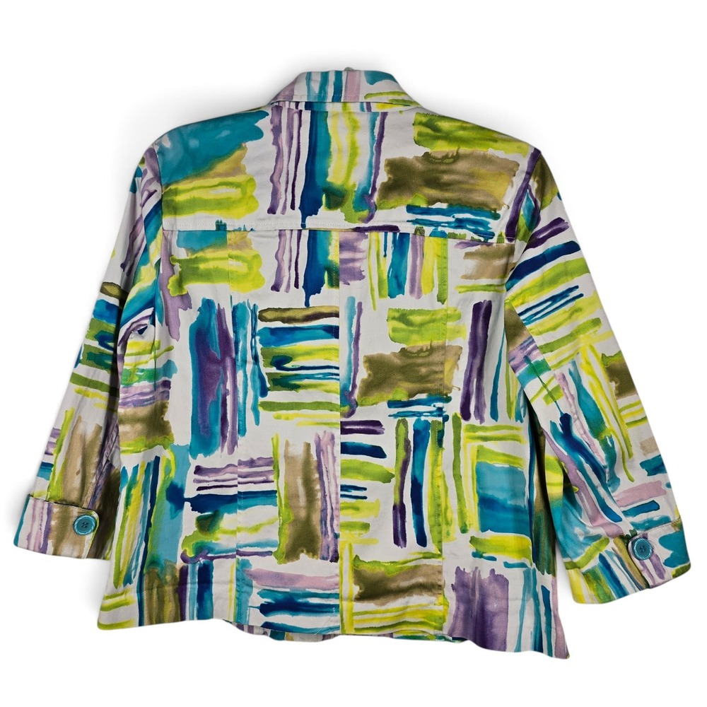 Erin London Jacket Womens Medium Abstract Watercolor Teal Purple Multi Button Up - Picture 2 of 10
